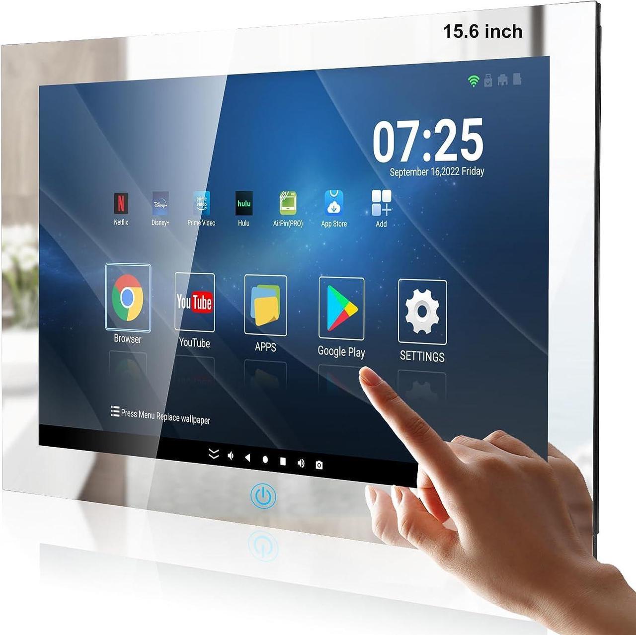 Haocrown 15.6 Inch Waterproof Bathroom TV Smart Mirror Touch Screen Android 11 Television Built-in 2.4G/5G Wi-Fi Bluetooth (HG156BM, 2023)