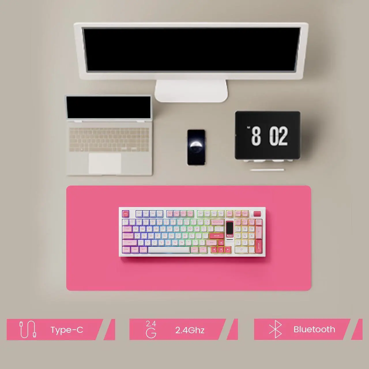 Alt view image 3 of 7 - Akko 5098B Wireless Gaming Keyboard with Screen, Prunus Lannesiana Keyboard with Scroll Wheel, Hot-Swappable Mechanical Keyboard with Numberpad,  RGB Gasket Keyboard, Piano Pre Lubed Switch