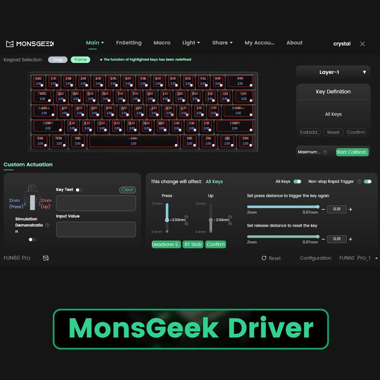 Alt view image 7 of 7 - MONSGEEK FUN60 MAX Rapid Trigger Gaming Keyboard 8k SP Magnetic Switch HE Keyboard Multi-Modes Wireless 60% Black Shine-Through, Glare Magnetic Switch