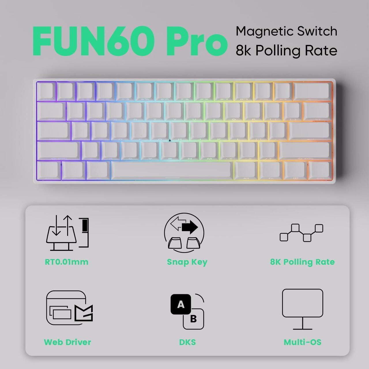 Alt view image 3 of 7 - MONSGEEK FUN60 Pro Rapid Trigger Gaming Keyboard 8k SP Magnetic Switch HE Keyboard Wired 60% White Shine-Through (Glare Magnetic Switch)