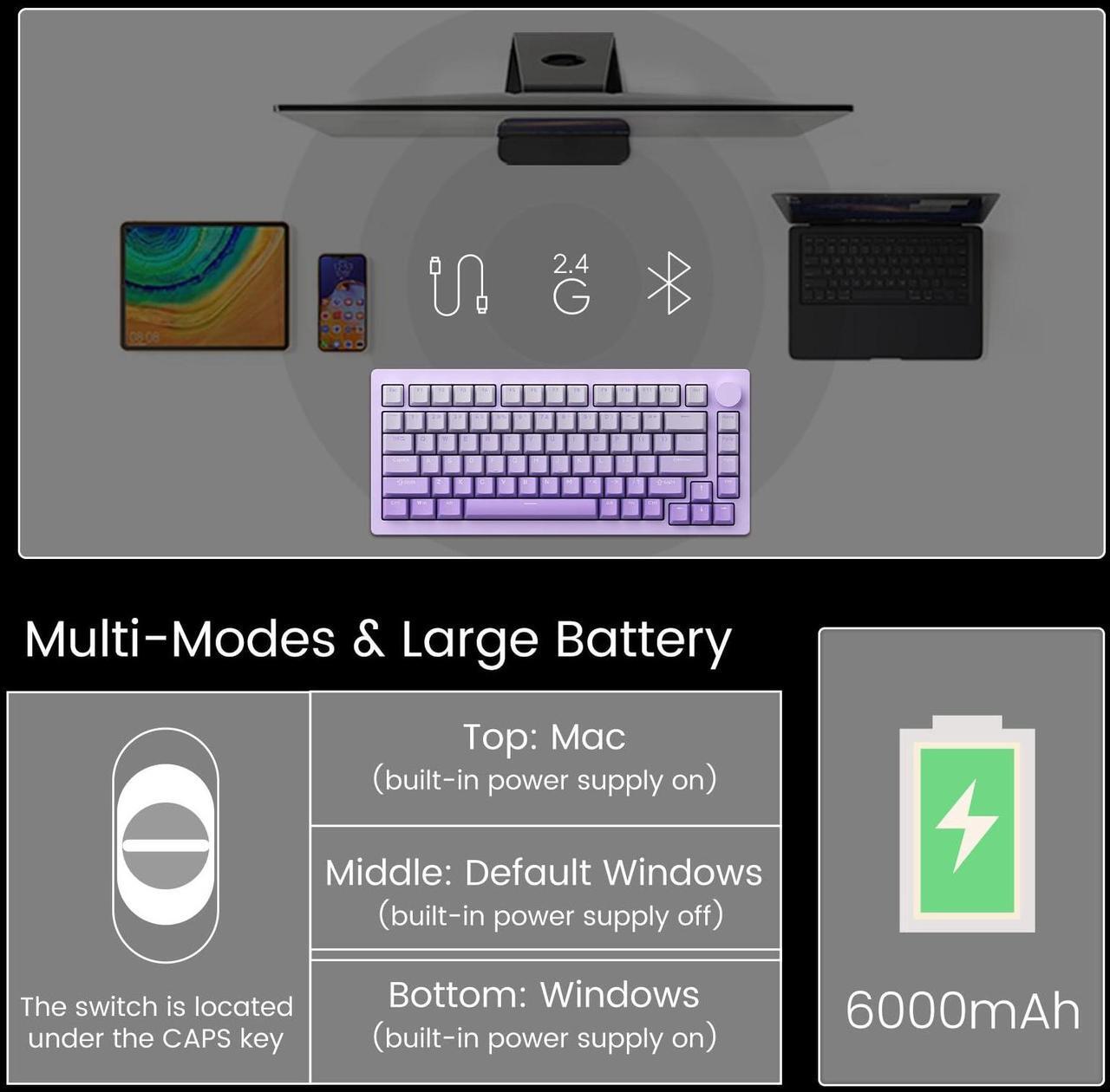 Alt view image 5 of 7 - MonsGeek M1W V3 Aluminum Mechanical Keyboard 75% RGB Hot-swappable Gaming Keyboard with Knob, 6000 mAH RGB Gradient Purple with PBT Double Shot Keycaps V3 Piano Pro