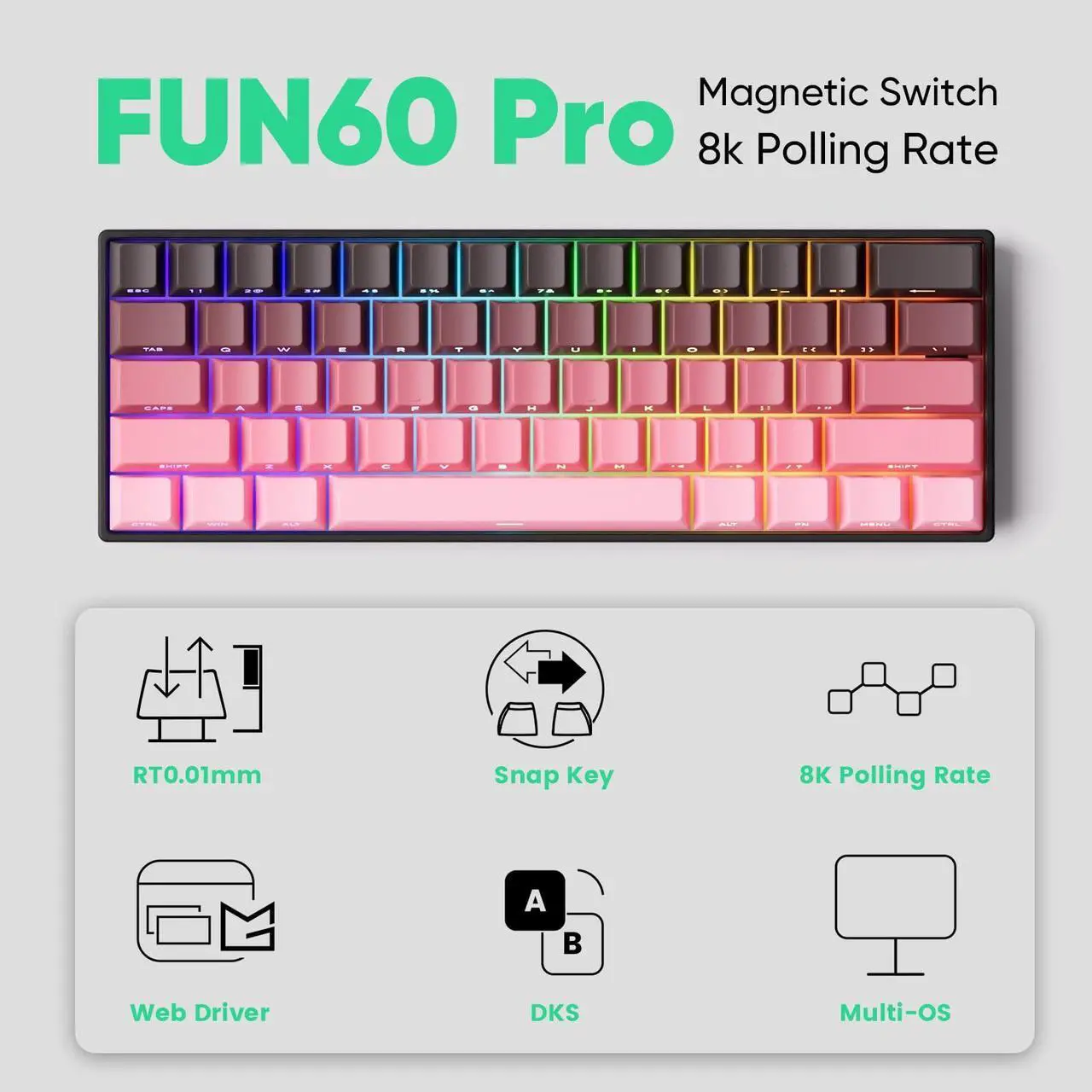 Alt view image 2 of 7 - FUN60 Pro Rapid Trigger Gaming Keyboard 8k SP Magnetic Switch HE Keyboard Wired 60%  Black & Pink Gradient Shine-Through (Glare Magnetic Switch)