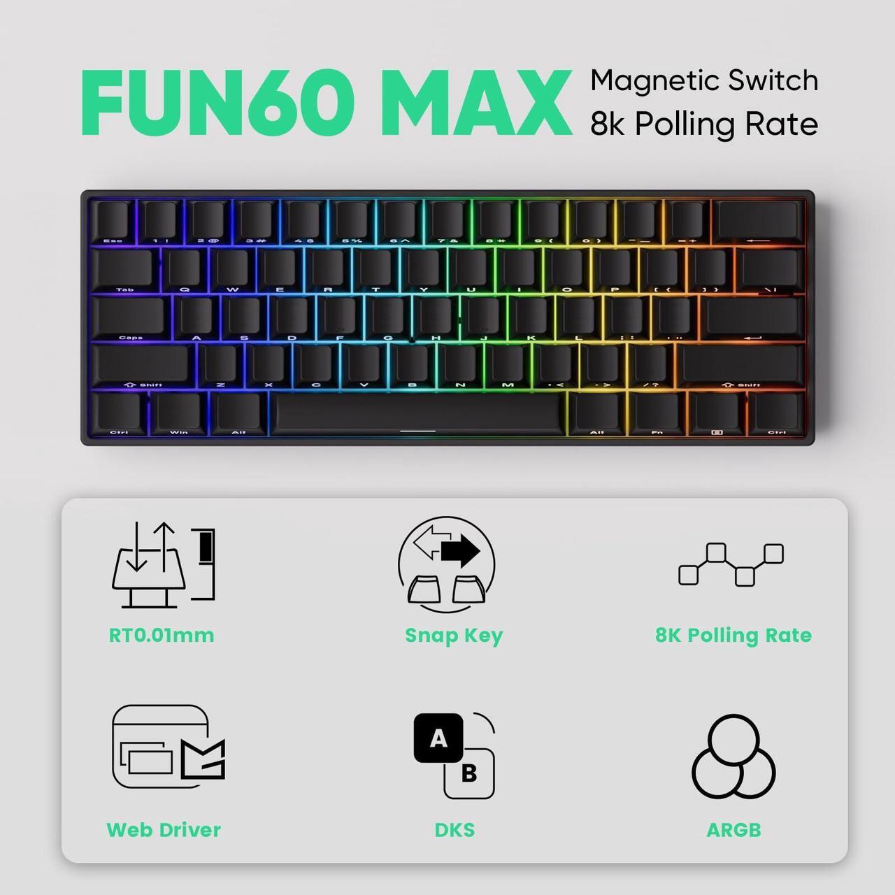 Alt view image 5 of 7 - MONSGEEK FUN60 MAX Rapid Trigger Gaming Keyboard 8k SP Magnetic Switch HE Keyboard Multi-Modes Wireless 60% Black Shine-Through, Glare Magnetic Switch