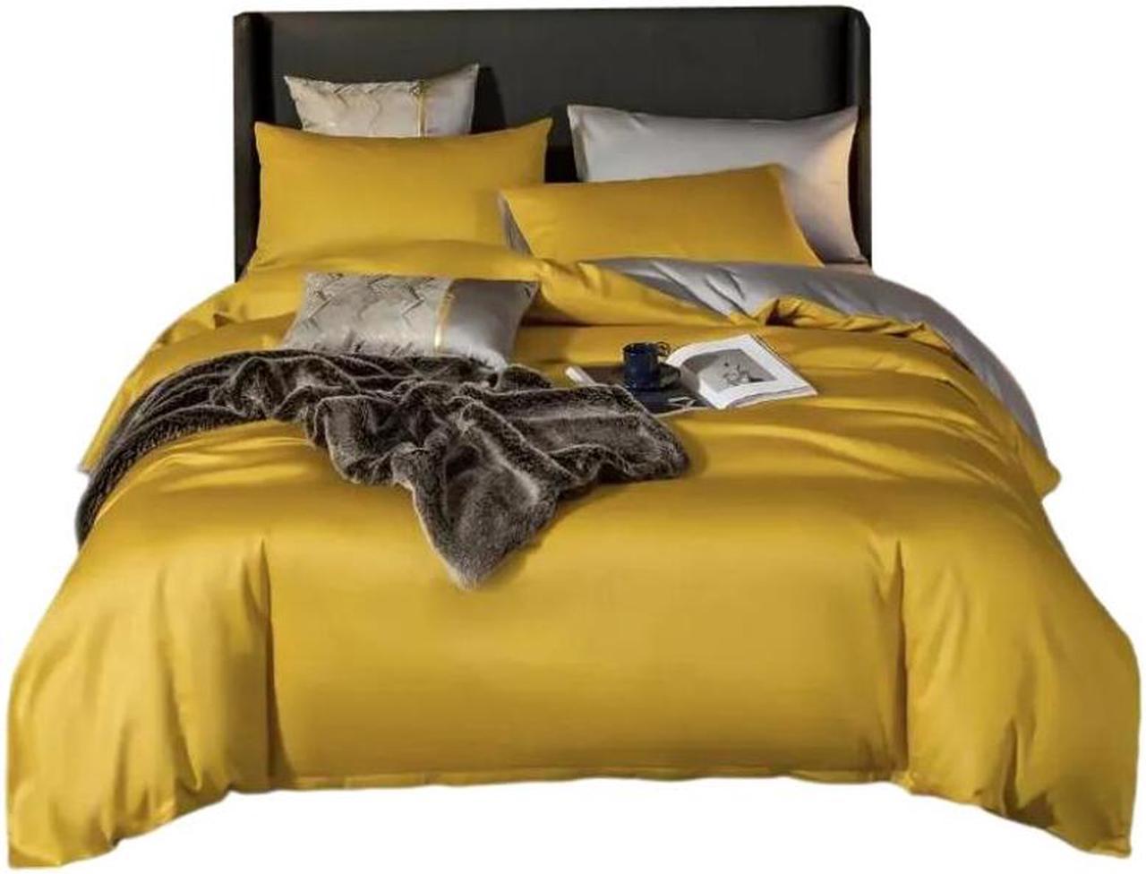 Anyhouz Bed Sheet Yellow Light Grey Ultra Soft Cotton Bedding Cover Full Size 4 Pcs Bed Set