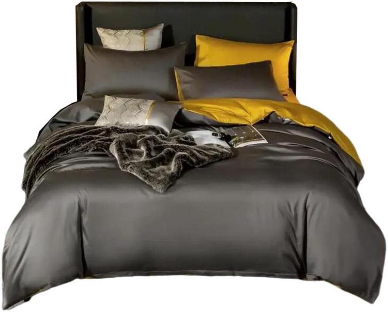 Anyhouz Bed Sheet Deep Grey Yellow Ultra Soft Cotton Bedding Cover Full Size 6 Pcs Bed Set