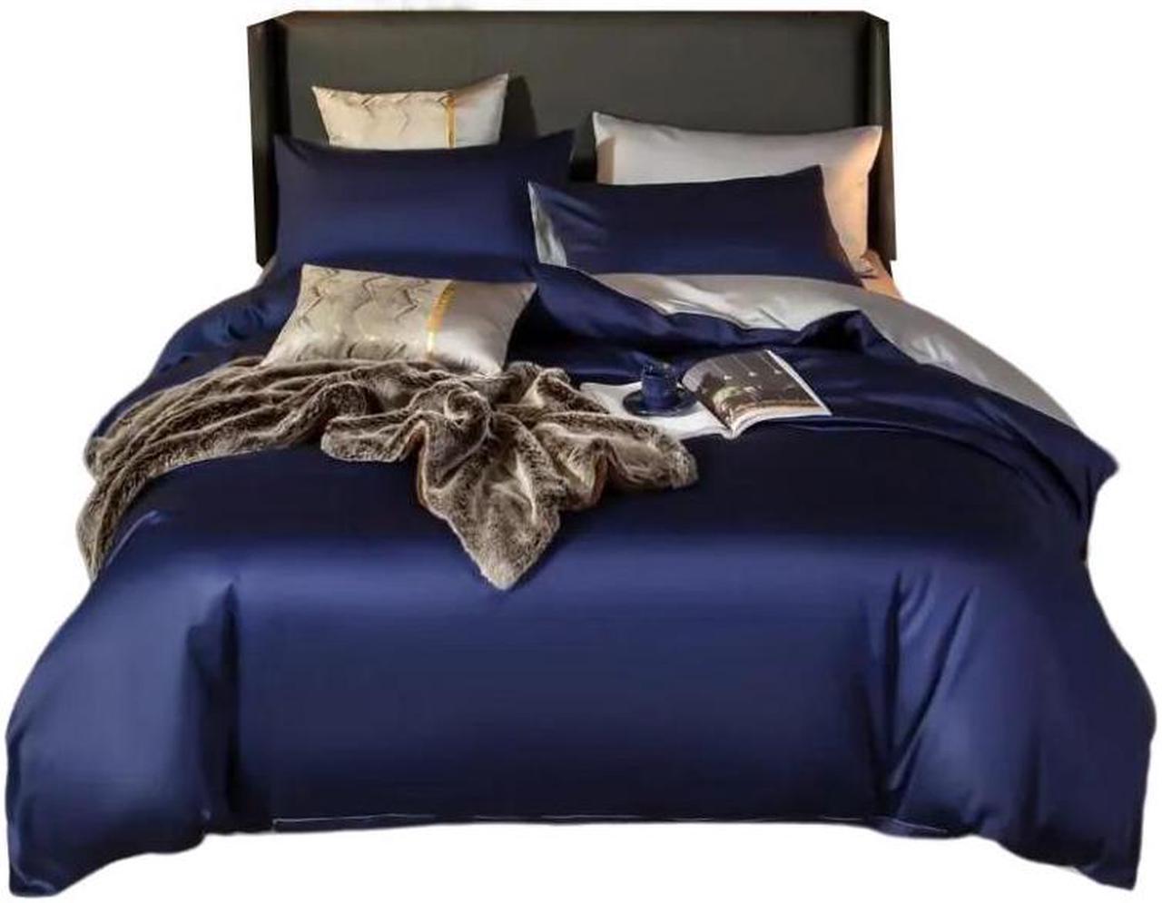 Anyhouz Bed Sheet Navy Blue Light Grey Ultra Soft Cotton Bedding Cover Full Size 4 Pcs Bed Set