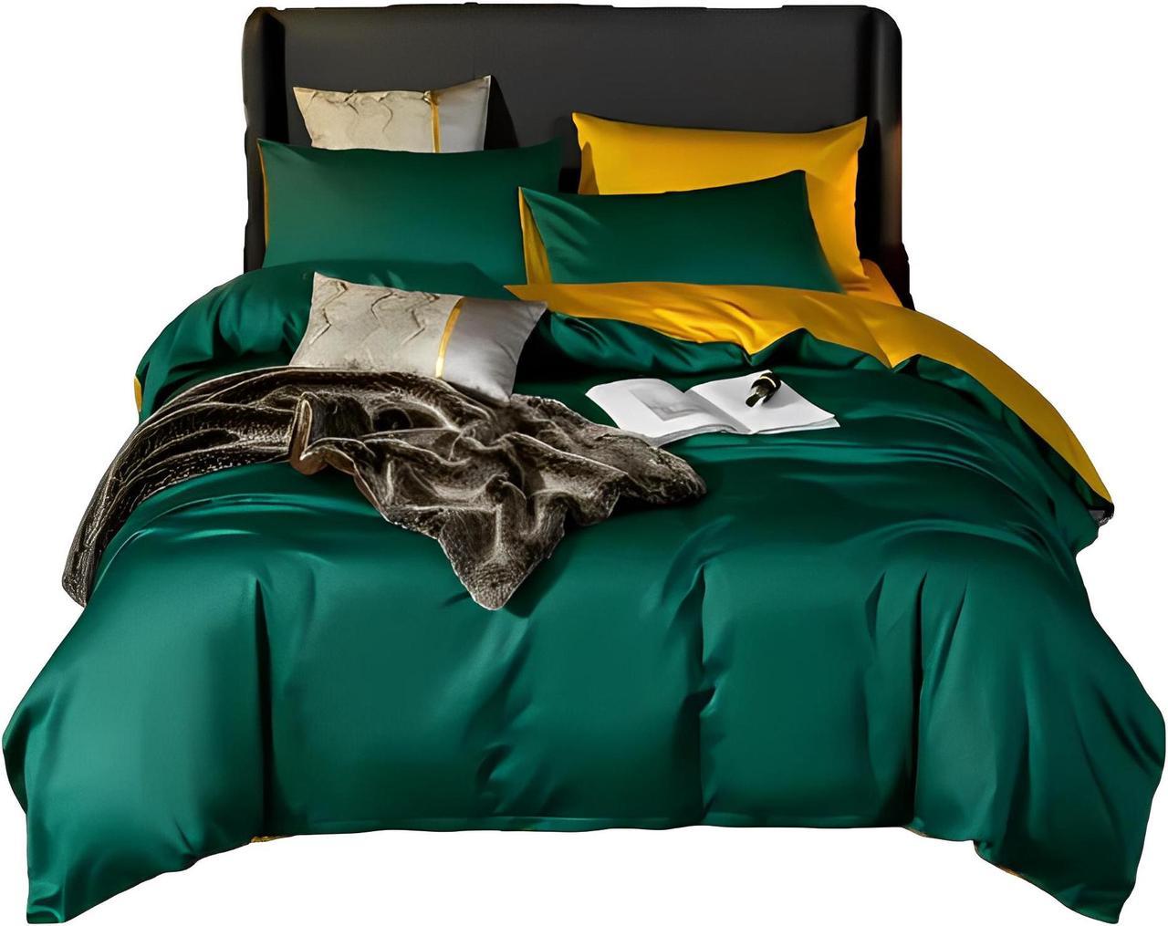 Anyhouz Duvet Comforter Set Queen Deep Green/ Yellow Cotton Thick Blanket Bedspread 6 Pcs Bed Set