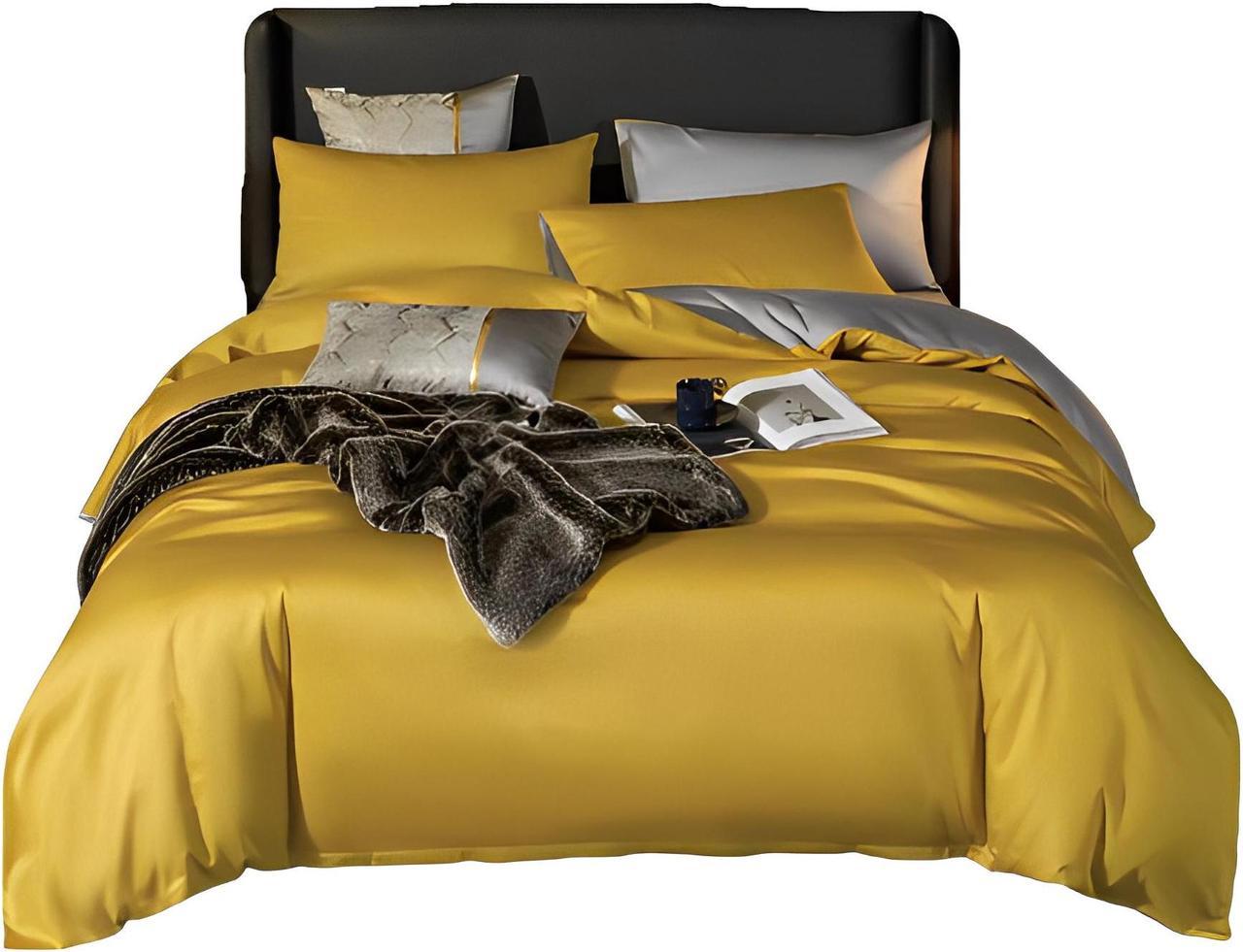 Anyhouz Duvet Comforter Set Queen Yellow/ Light Grey Cotton Thick Blanket Bedspread 4 Pcs Bed Set