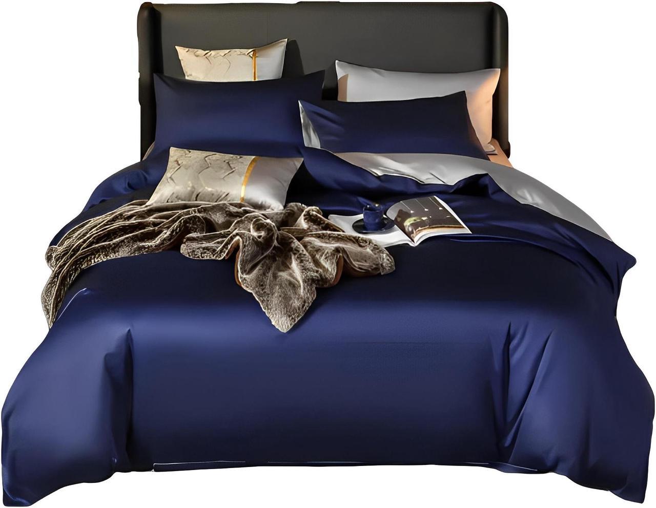 Anyhouz Duvet Comforter Set UK King Navy Blue/ Light Grey Cotton Thick Blanket Bedspread 6 Pcs Bed Set