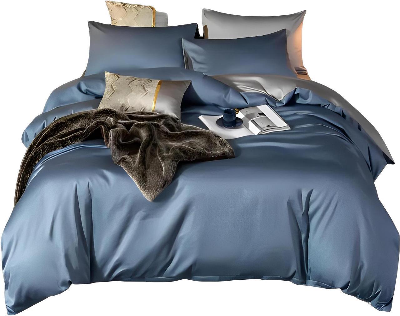 Anyhouz Duvet Comforter Set UK King Blue/ Light Grey Cotton Thick Blanket Bedspread 4 Pcs Bed Set