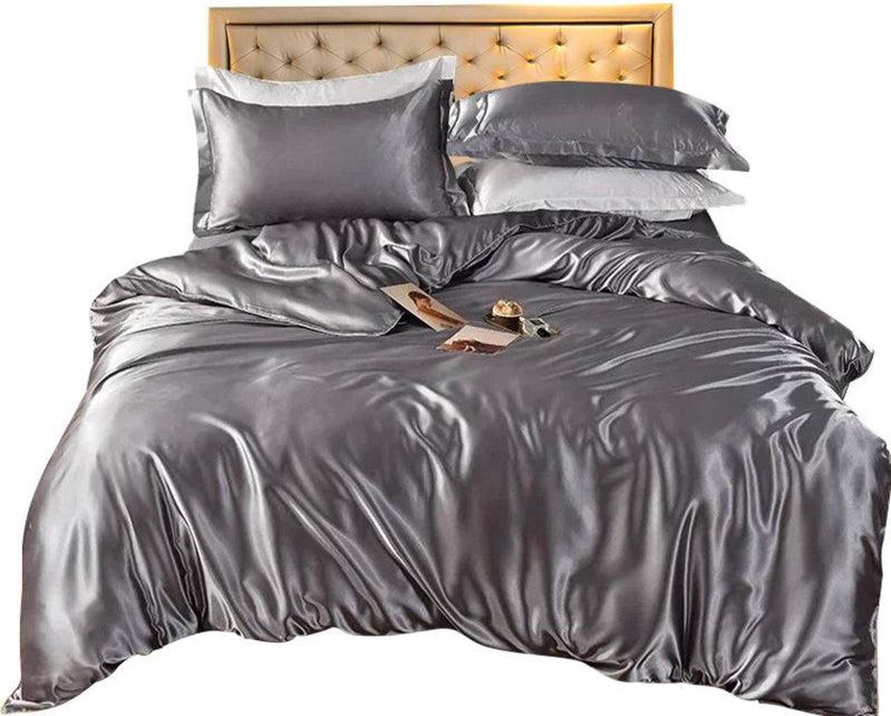 Anyhouz Beddings Gray US Queen Size 3 Pcs High End Satin Smooth Duvet Cover Set