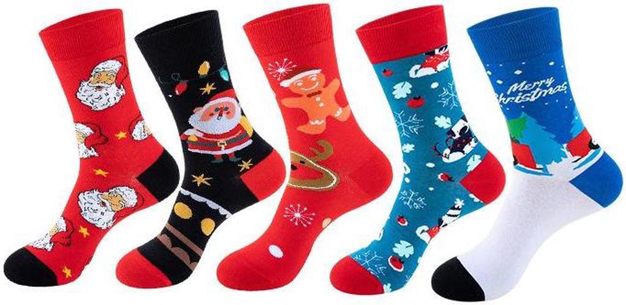 Anysox 5 Pairs One Size 5-11 Mixed Color Set Christmas Socks Cotton Fashion Santa Clause Woman Skateboard Oil Paitiing