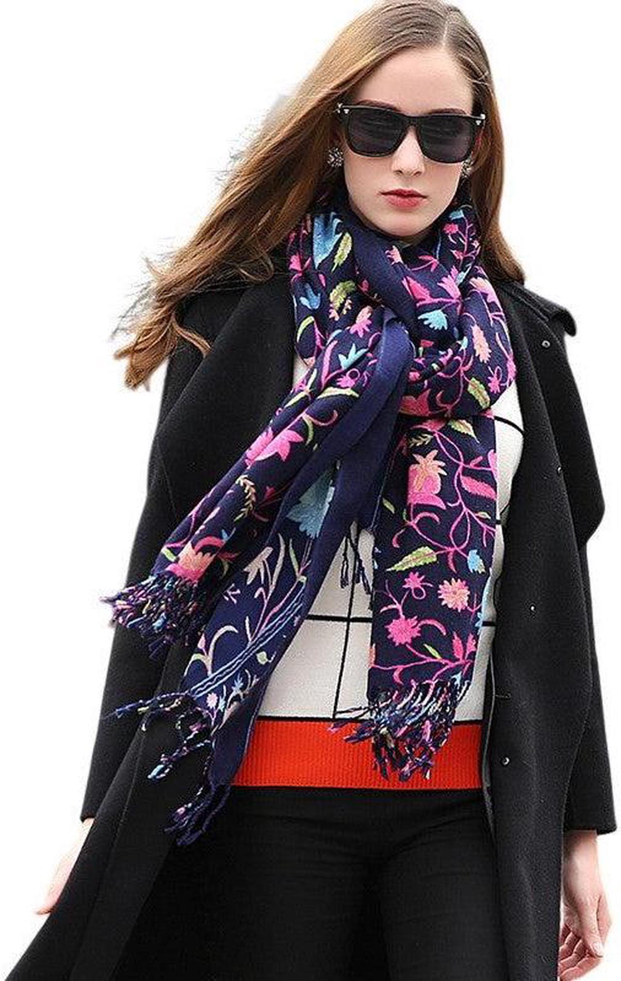 Anyyou 100% Pure Merino Wool Navy Blue Large Scarf Neck Wrap For Women