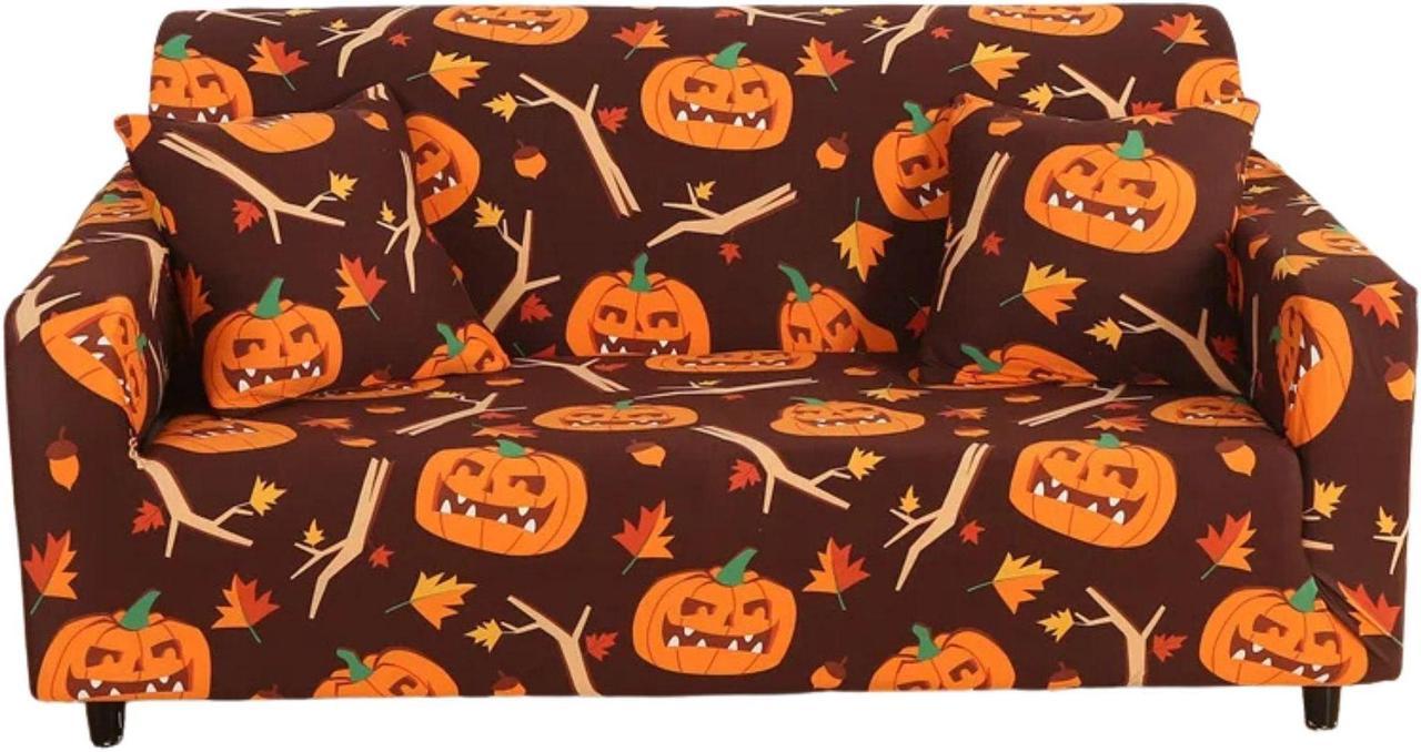 Anyhouz Sofa Cover Brown 3 Seater Halloween Pumpkin Design Stretchable Slipcover