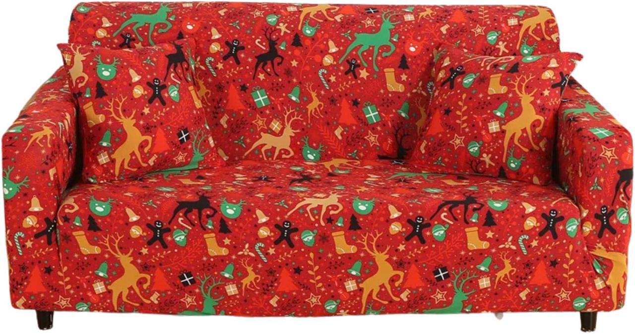 Anyhouz Sofa Cover Red 3 Seater Christmas Reindeer Design Stretchable Slipcover