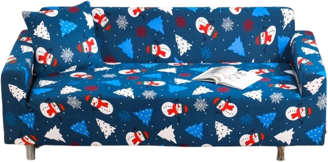 Anyhouz Sofa Cover Blue 3 Seater Christmas Tree Snowman Design Non Slip Stretchable Slipcover