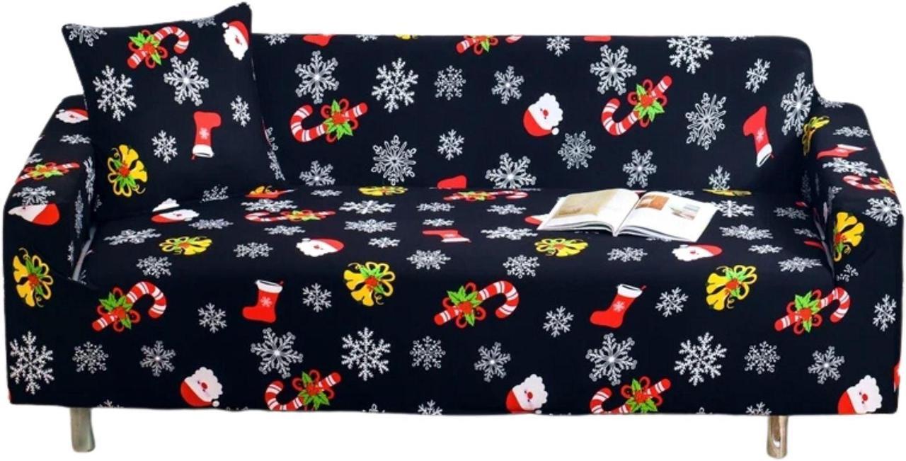 Anyhouz Sofa Cover Black 4 Seater Christmas Snowflakes Design Non Slip Stretchable Slipcover