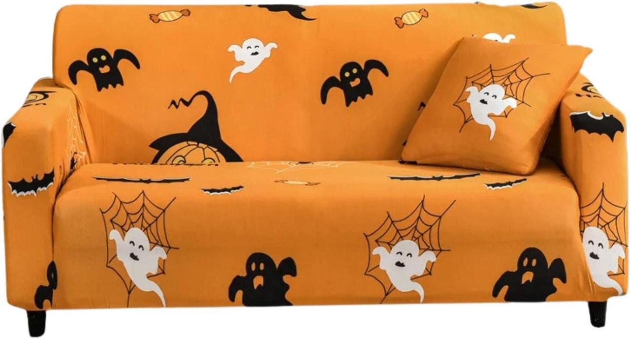 Anyhouz Sofa Cover Orange 4 Seater  Halloween Cobweb Design Non Slip Stretchable Slipcover