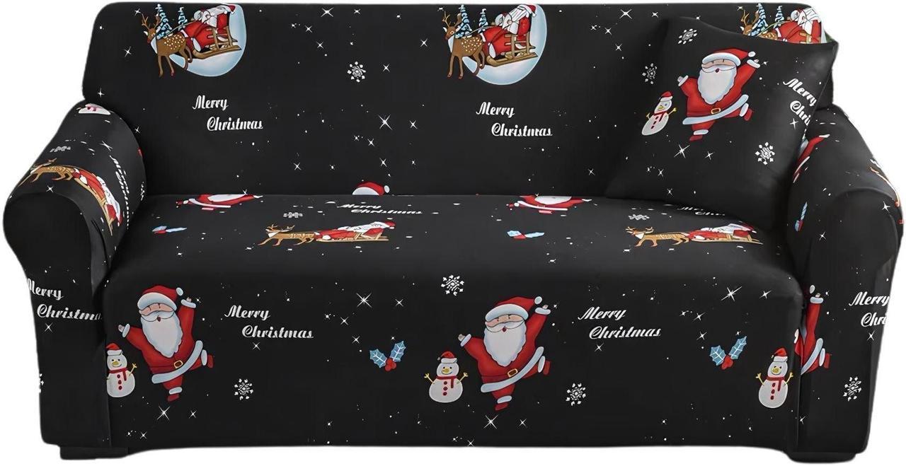 Anyhouz Sofa Cover Black 4 Seater Christmas Santa Claus Design Non Slip Stretchable Slipcover