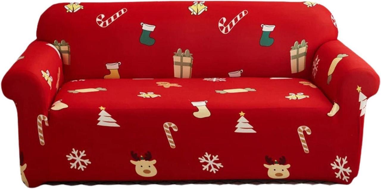 Anyhouz Sofa Cover Red 2 Seater Christmas Tree Snowflakes Design Non Slip Stretchable Slipcover