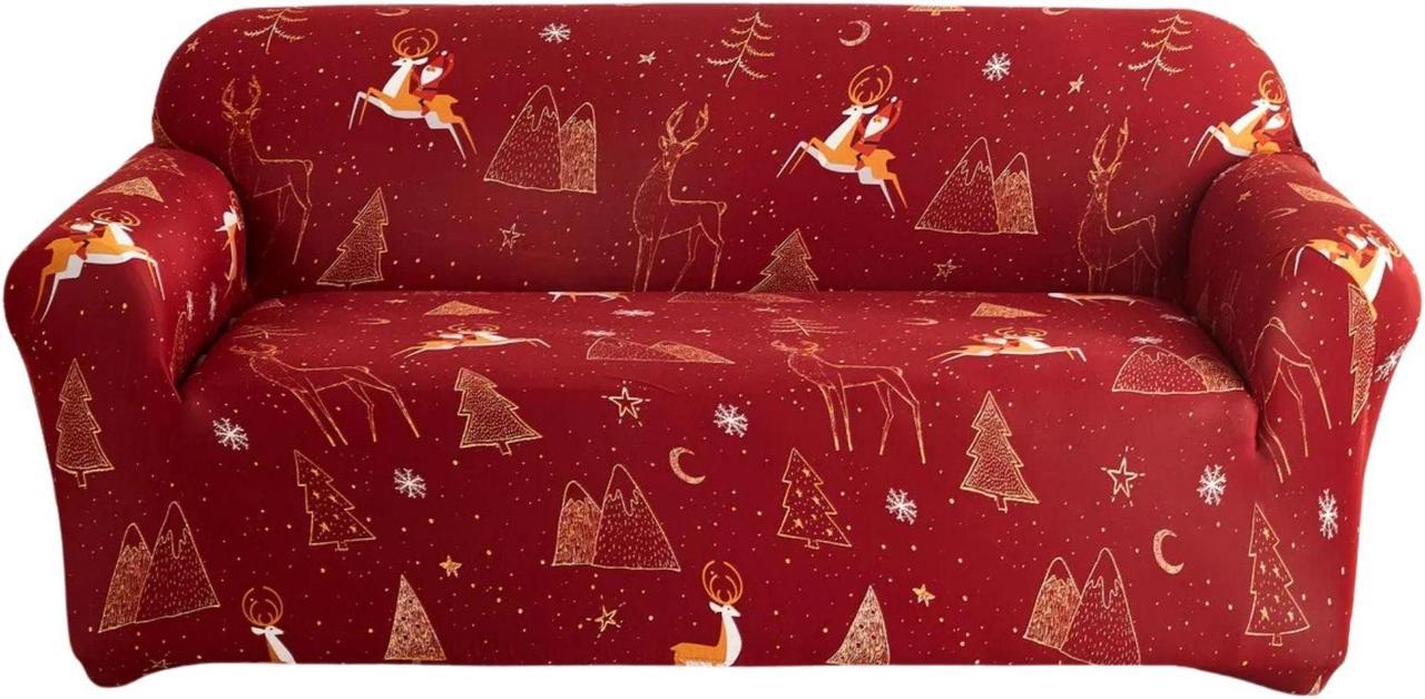 Anyhouz Sofa Cover Maroon 2 Seater Christmas Design Non Slip Stretchable Slipcover