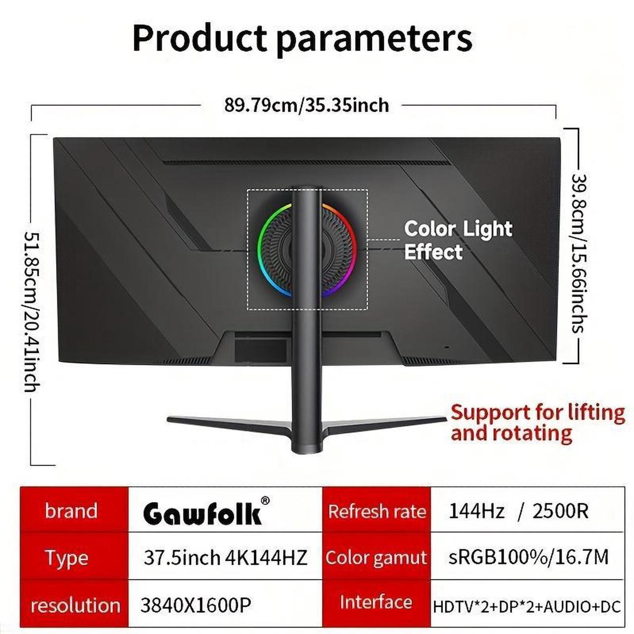 Alt view image 2 of 7 - Gawfolk 37.5-inch Gaming Monitor, New for 2025 with Color Breathing Lights. 4K Resolution. 144HZ Refresh Rate. 2500R Ultra-Wide Curved Screen, Up and Down Height Adjustable VA Panel. Sharpest picture