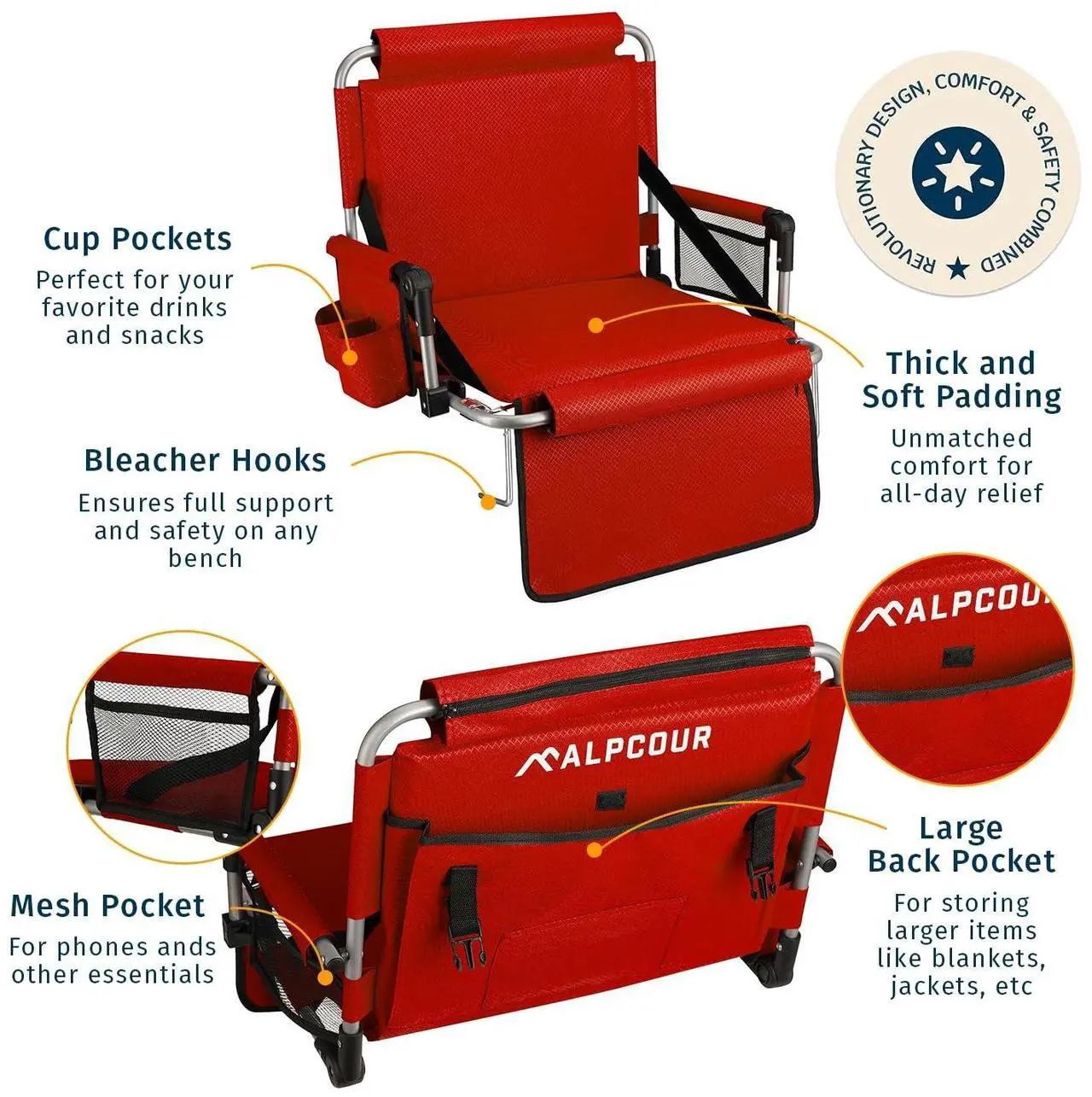 Alt view image 3 of 7 - Alpcour Folding Stadium Seat with Back Support  Deluxe Waterproof Cushion Chair for Bleachers w/Arm Rests, Storage Pockets, Cup Holder & Shoulder Straps for Superior Support & Comfort