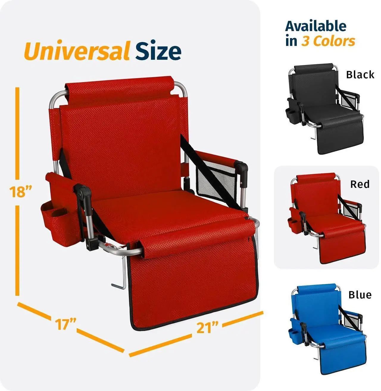 Alt view image 6 of 7 - Alpcour Folding Stadium Seat with Back Support  Deluxe Waterproof Cushion Chair for Bleachers w/Arm Rests, Storage Pockets, Cup Holder & Shoulder Straps for Superior Support & Comfort