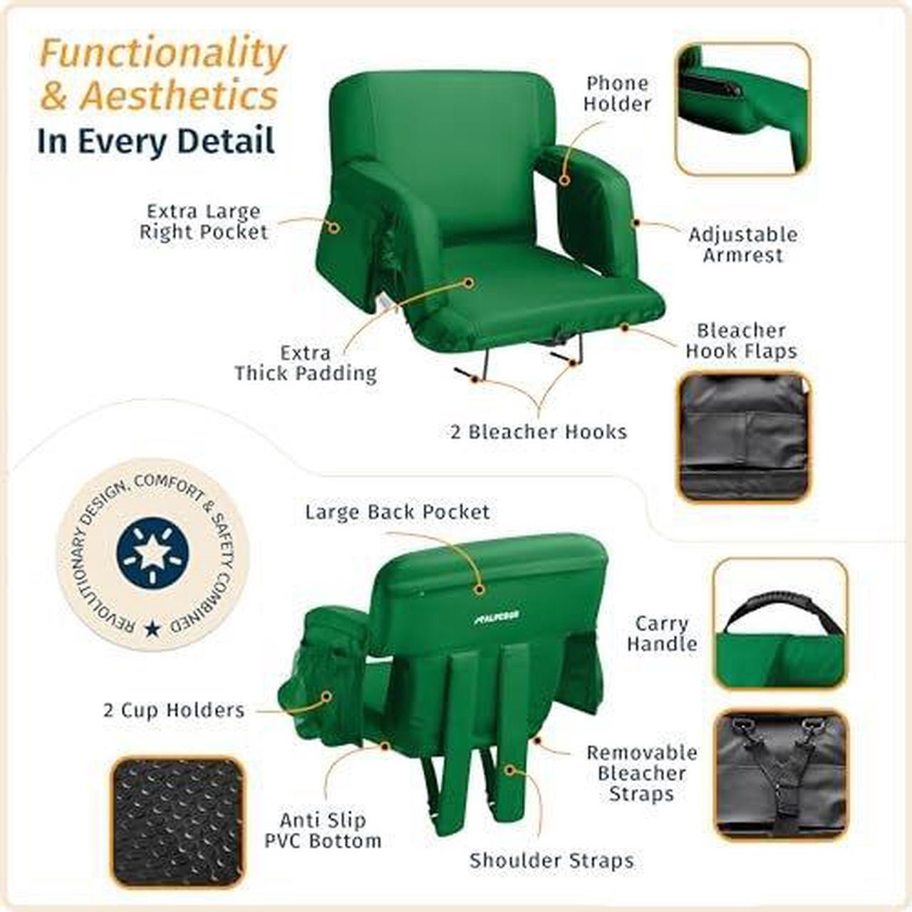 Alt view image 3 of 7 - Reclining Stadium Seats for Bleachers with Back Support  Wide Bleacher Chair Cushion, Armrests, Large Pockets, and Multiple Safety Features  Best Stadium Seat Chairs for Camping, Kayak Backs & More