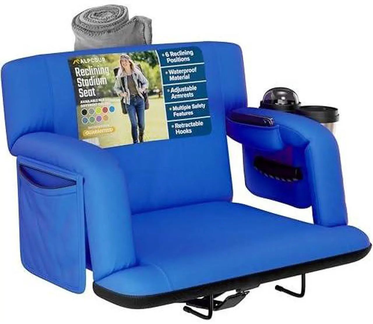 Main image of Reclining Stadium Seats for Bleachers with Back Support  Wide Bleacher Chair Cushion, Armrests, Large Pockets, and Multiple Safety Features  Best Stadium Seat Chairs for Camping, Kayak Backs & More