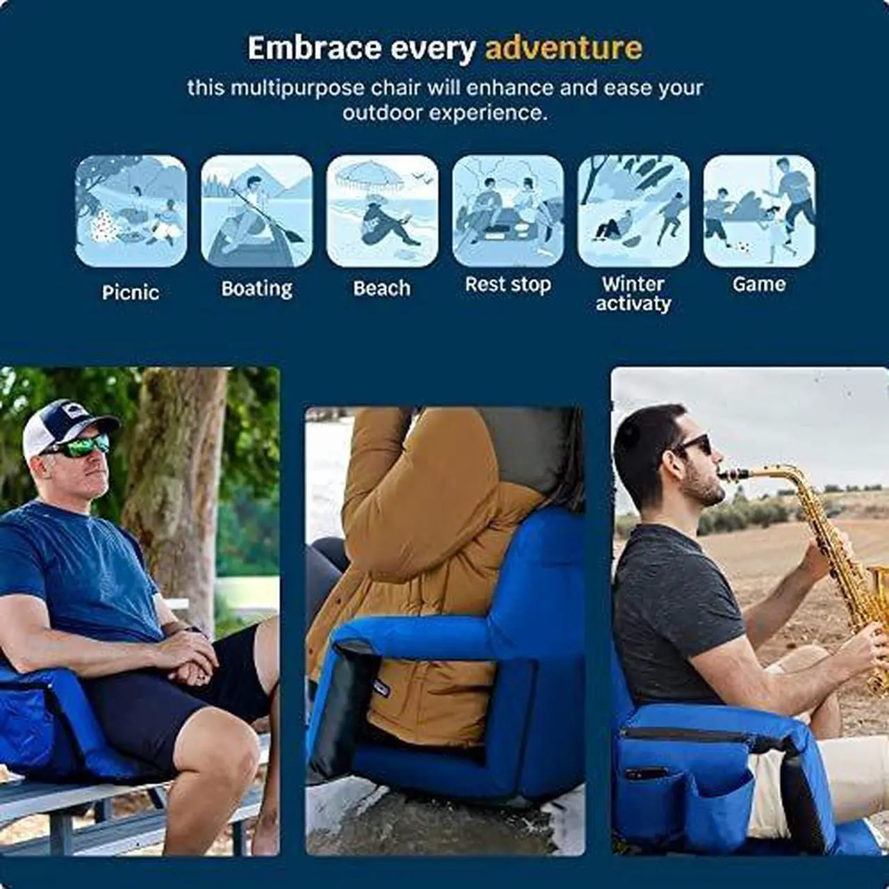 Alt view image 6 of 7 - Reclining Stadium Seats for Bleachers with Back Support  Wide Bleacher Chair Cushion, Armrests, Large Pockets, and Multiple Safety Features  Best Stadium Seat Chairs for Camping, Kayak Backs & More