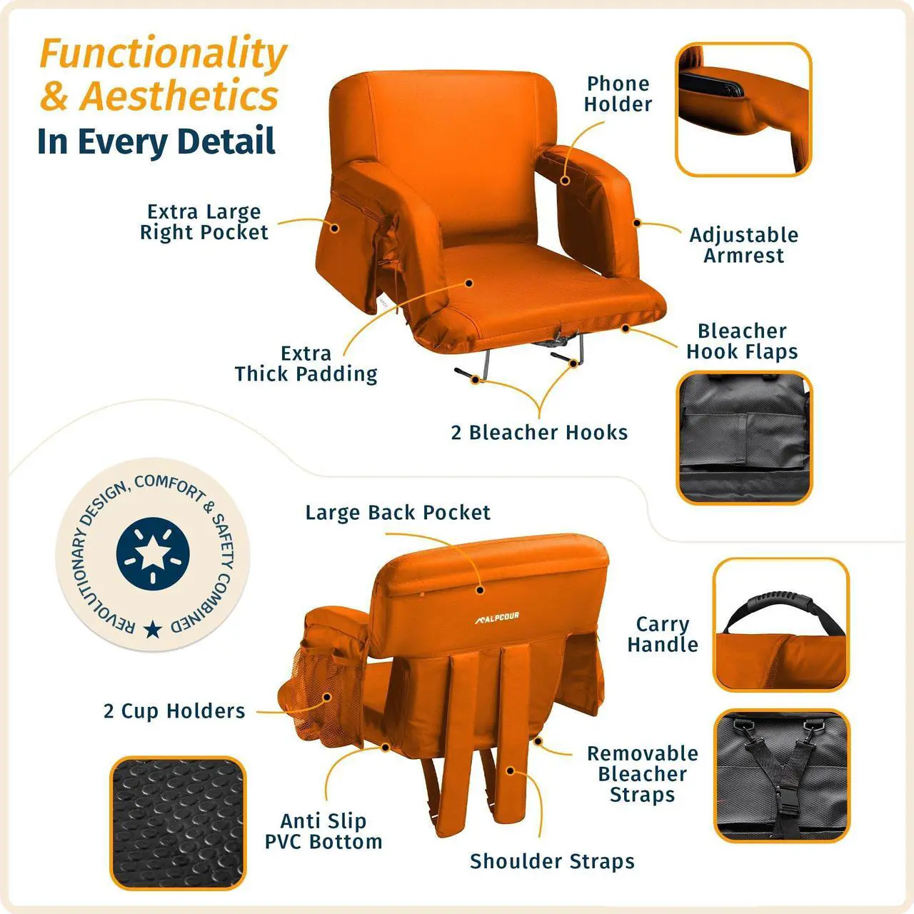 Alt view image 3 of 7 - Reclining Stadium Seats for Bleachers with Back Support  Wide Bleacher Chair Cushion, Armrests, Large Pockets, and Multiple Safety Features  Best Stadium Seat Chairs for Camping, Kayak Backs & More
