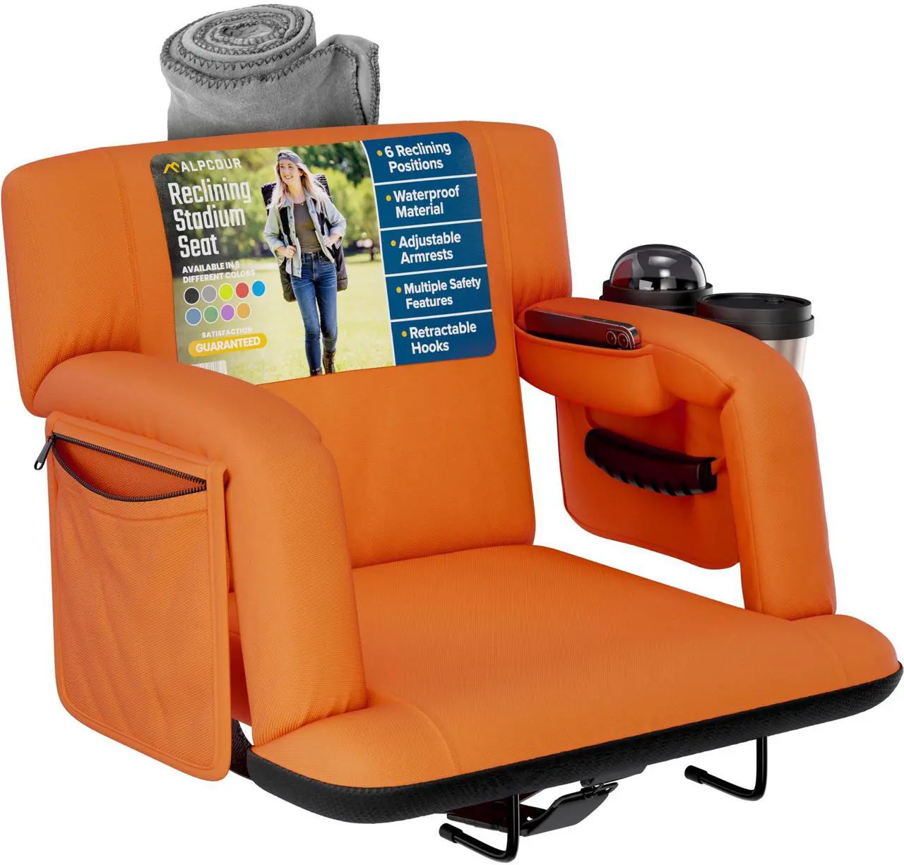 Main image of Reclining Stadium Seats for Bleachers with Back Support  Wide Bleacher Chair Cushion, Armrests, Large Pockets, and Multiple Safety Features  Best Stadium Seat Chairs for Camping, Kayak Backs & More