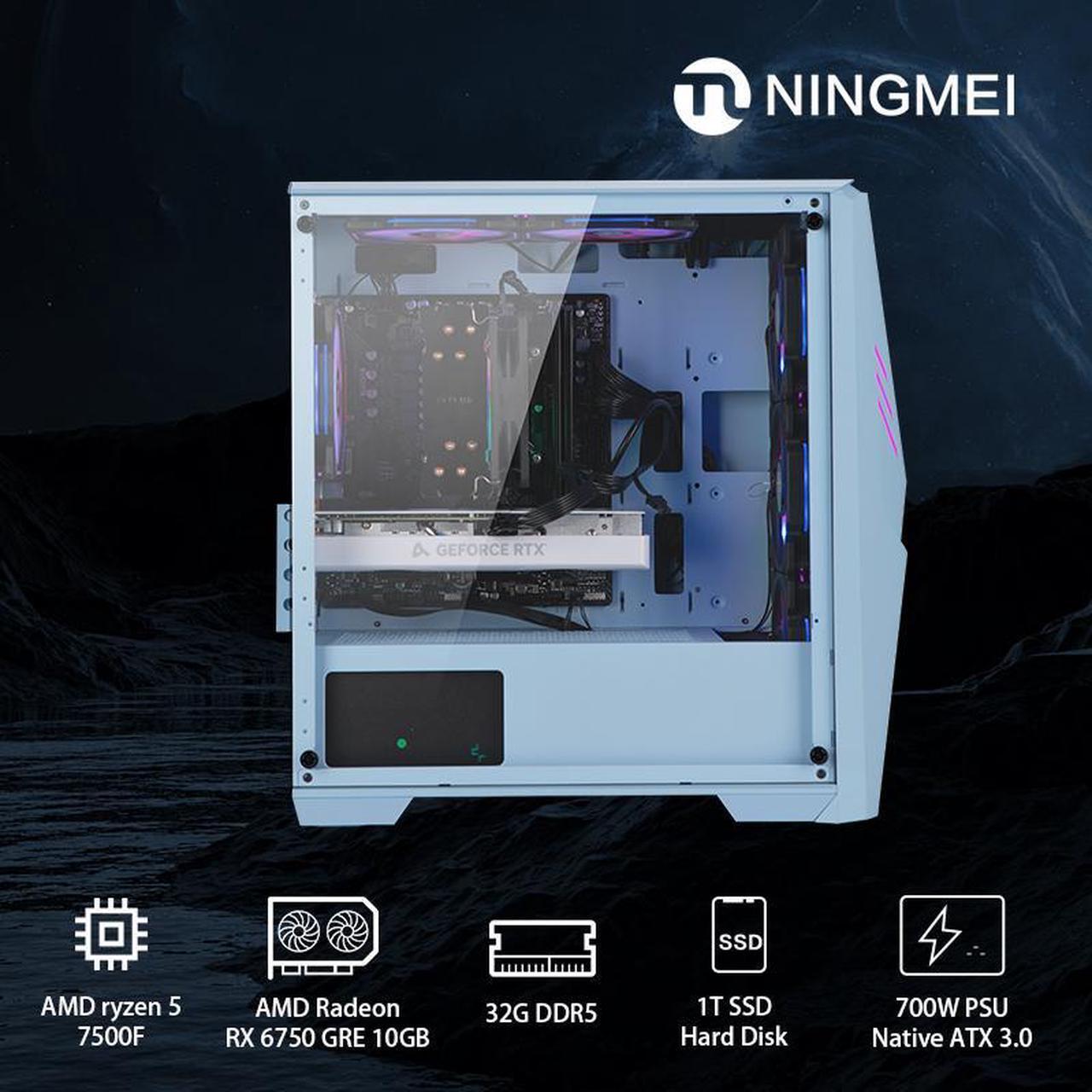 Alt view image 6 of 7 - Ningmei Gaming PC Desktop AMD Ryzen5 7500F (6 Core Up to 5.0GHz), 32GB DDR5 6000MHz, 1TB SSD NVMe , AMD Radeon RX 6750 GRE 10GB , 700W PSU,  Wi-Fi, Windows 11 Home 64-bit, Gaming Desktop