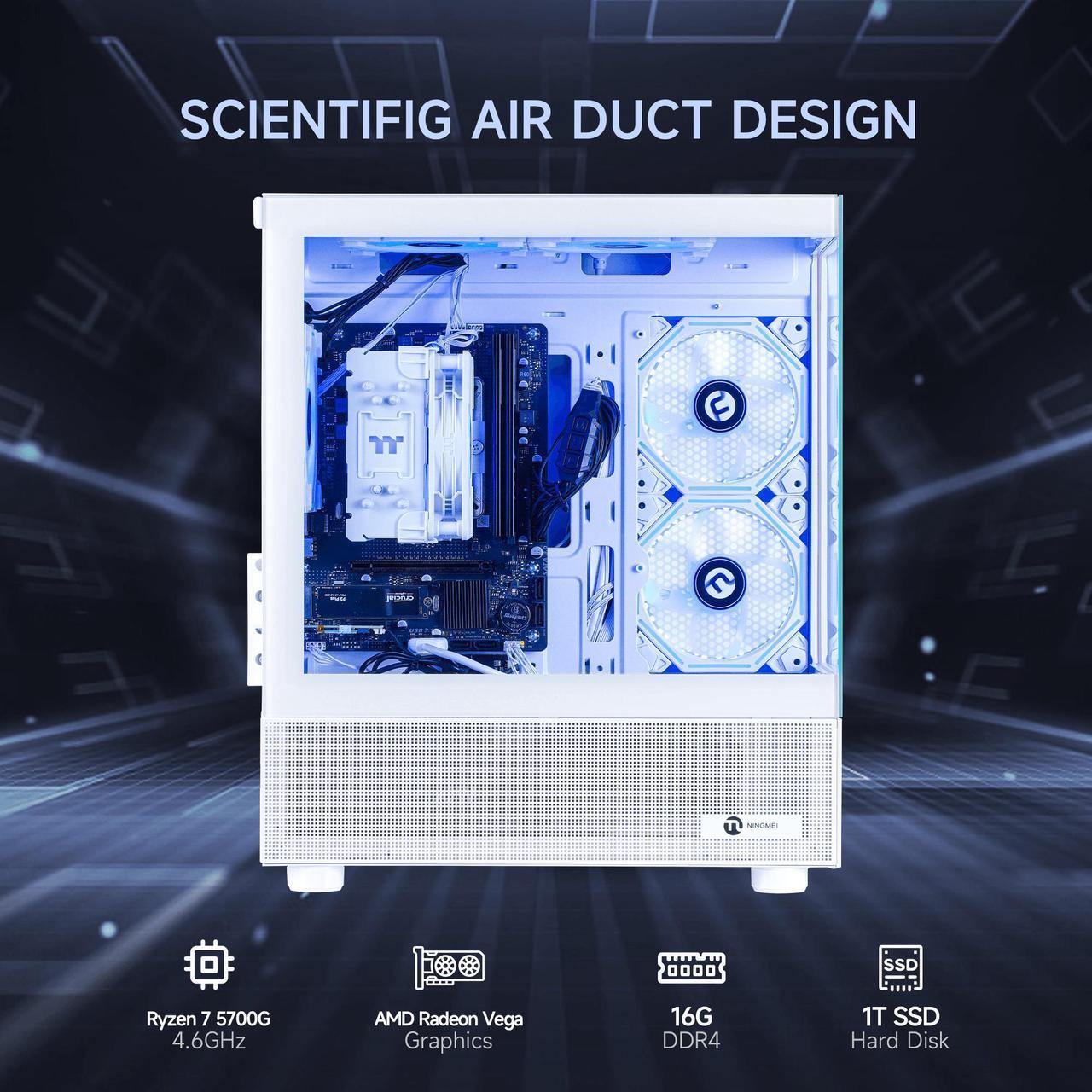 Alt view image 2 of 7 - Ningmei Gaming PC Desktop computer, AMD Ryzen 7 5700G 8 core 3.8GHz (up to 4.6GHz),  16GB DDR4 RAM 3200MHz, 1TB NVME SSD, 550W PSU, Game Design Office Platform, Wi-Fi, Windows 11 Tower Prebuilt PC
