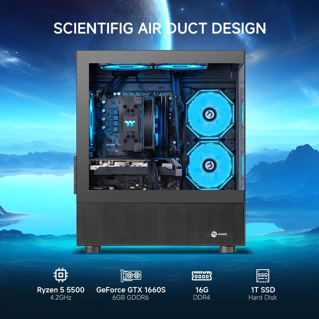 Alt view image 2 of 7 - Ningmei Gaming PC Desktop, AMD Ryzen 5 5500 4.2GHz , GeForce GTX 1660 Super PC, 6RGB Fans, 16GB DDR4 3200MHz , 1TB SSD NVMe , 650W PSU, 11AC Wi-Fi,  Windows 11 Home 64-bit, gaming pc