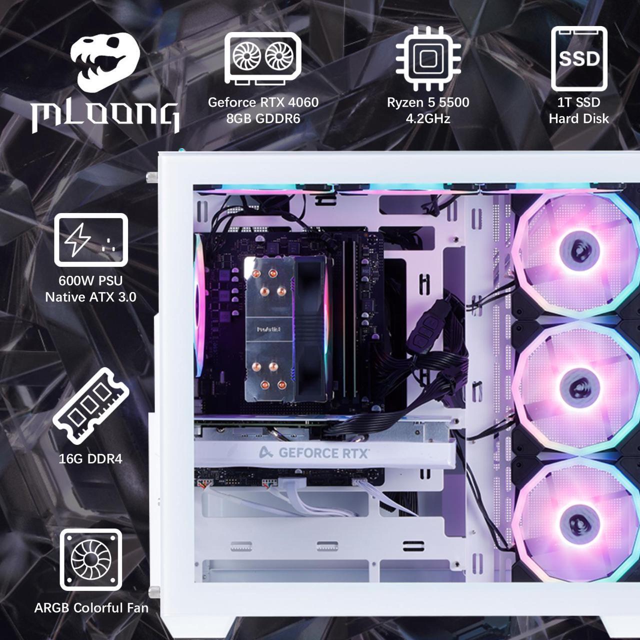 Alt view image 3 of 7 - Mloong White Gaming PC AMD Ryzen 5 5500 (Up to 4.2 GHz) CPU, GeForce RTX 4060 8GB, 1TB NVME SSD, 16GB DDR4 RAM 3200MHz, 600W PSU,7ARGB Fans, Windows 11 Home 64-bit WIFI Gaming Desktop