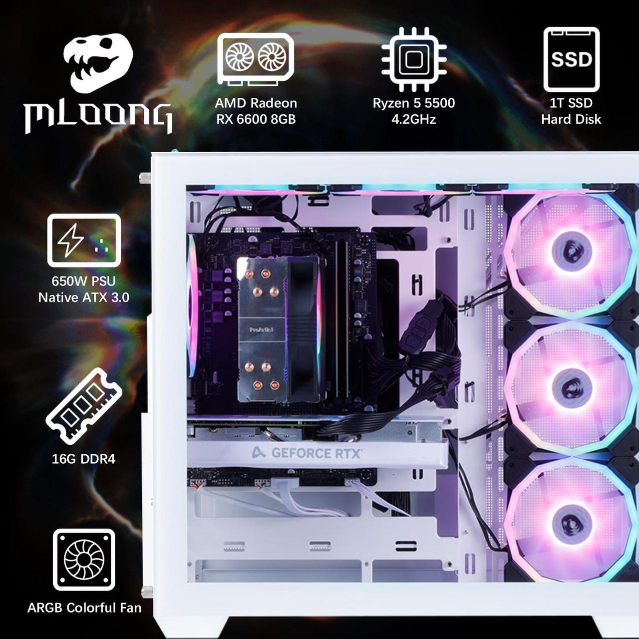 Alt view image 3 of 7 - MLOONG Gaming PC,AMD Ryzen 5 5500 4.2 GHz, AMD Radeon RX 6600 8GB Desktop Computer, 1TB NVMe SSD, 16GB DDR4 3200MHz, Air Cooled Prebuilt,650W PSU, Windows 11 Home,Tower Prebuilt  PC