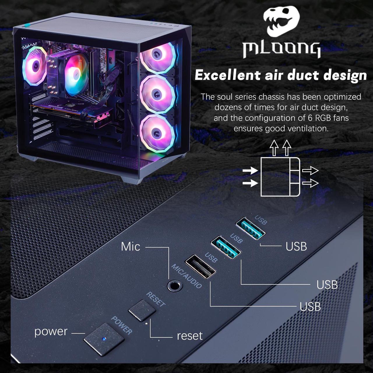 Alt view image 4 of 7 - MLOONG Gaming PC, AMD Ryzen 5 5500 4.2 GHz, AMD Radeon RX 6600 8GB Desktop Computer, 1TB NVMe SSD, 16GB DDR4 3200MHz,  Air Cooled Prebuilt,650W PSU, Windows 11 Home Gamer PC, Black