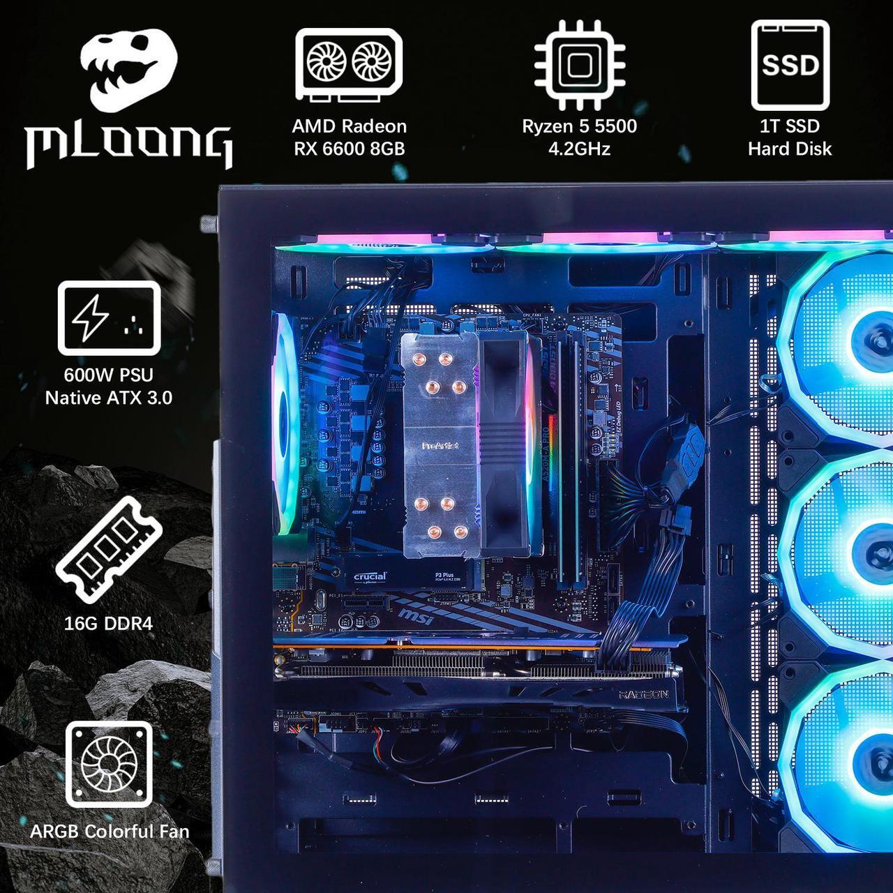 Alt view image 3 of 7 - MLOONG Gaming PC, AMD Ryzen 5 5500 4.2 GHz, AMD Radeon RX 6600 8GB Desktop Computer, 1TB NVMe SSD, 16GB DDR4 3200MHz,  Air Cooled Prebuilt,650W PSU, Windows 11 Home Gamer PC, Black