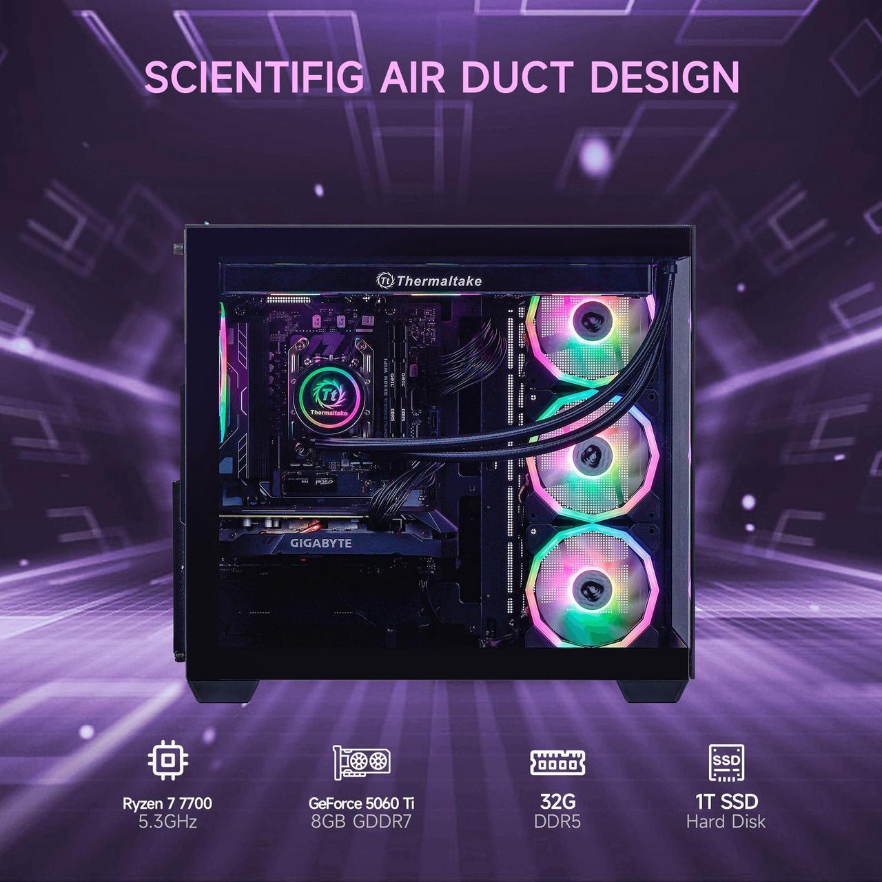 Alt view image 2 of 7 - Mloong Gaming PC Desktop, AMD Ryzen 7 7700 3.8 GHz (5.3GHz Turbo), NVIDIA RTX 5060ti 8GB GDDR7, 1TB Gen4 NVMe SSD, 32GB 6000Mhz DDR5 RAM, 650W PSU, Wi-Fi, Win 11 Home Prebuilt PC, Black