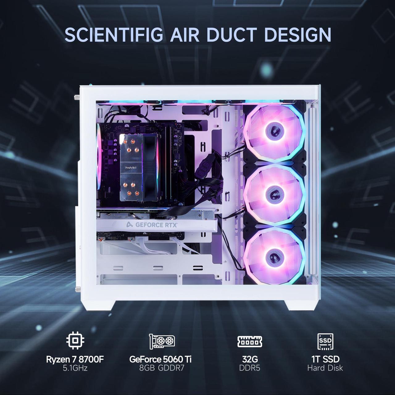 Alt view image 3 of 7 - Mloong Gaming PC Desktop, AMD Ryzen 7 8700F 4.1 GHz (5.0Ghz Turbo), NVIDIA RTX 5060ti 8GB GDDR7, 1TB Gen4 NVMe SSD, 32GB 6000Mhz DDR5 RAM, 650W PSU, Wi-Fi, Win 11 Home Prebuilt PC, White
