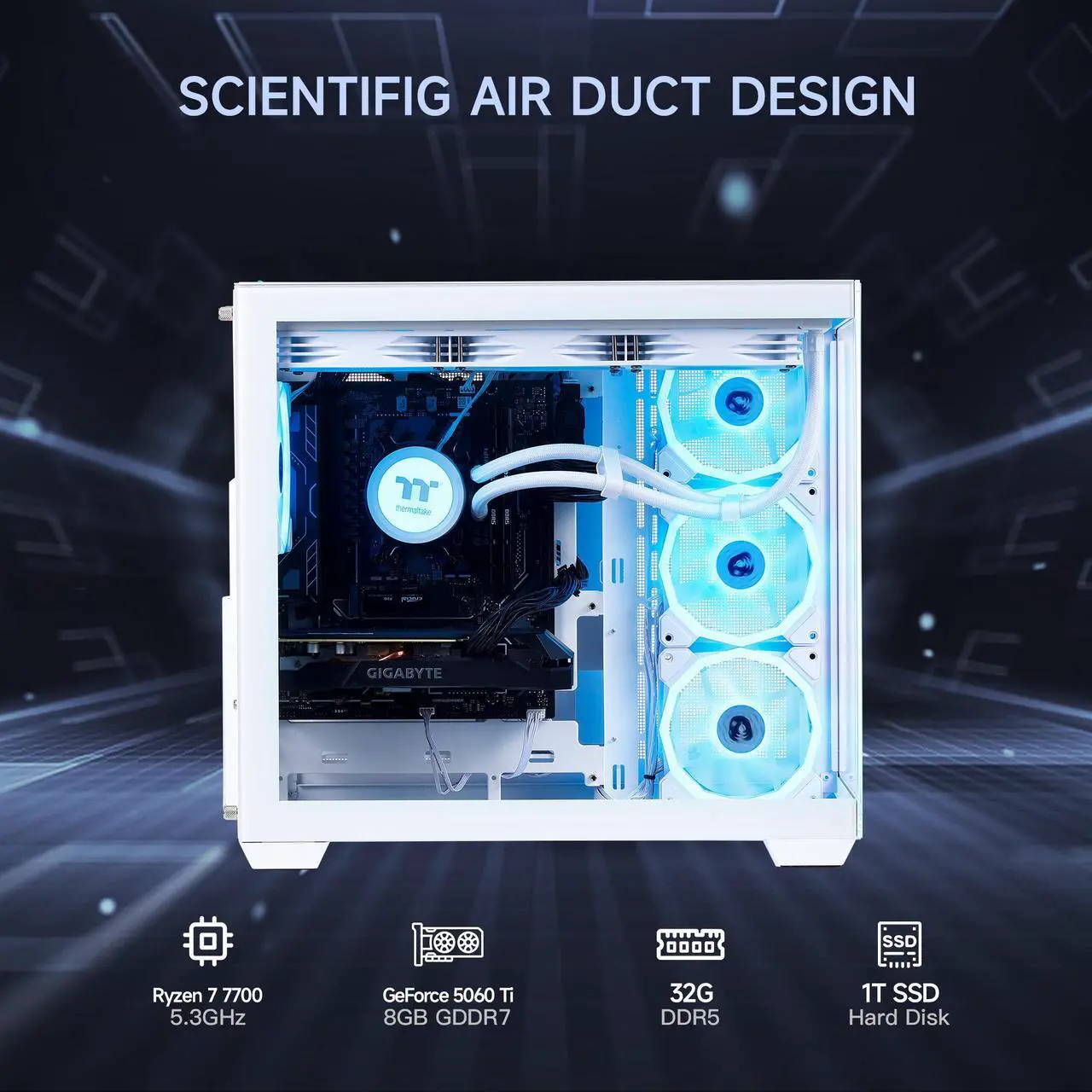 Alt view image 2 of 7 - Mloong Gaming PC Desktop, AMD Ryzen 7 7700 3.8 GHz (5.3GHz Turbo), NVIDIA RTX 5060ti 8GB GDDR7, 1TB Gen4 NVMe SSD, 32GB 6000Mhz DDR5 RAM, 650W PSU, Wi-Fi, Win 11 Home Prebuilt PC, White