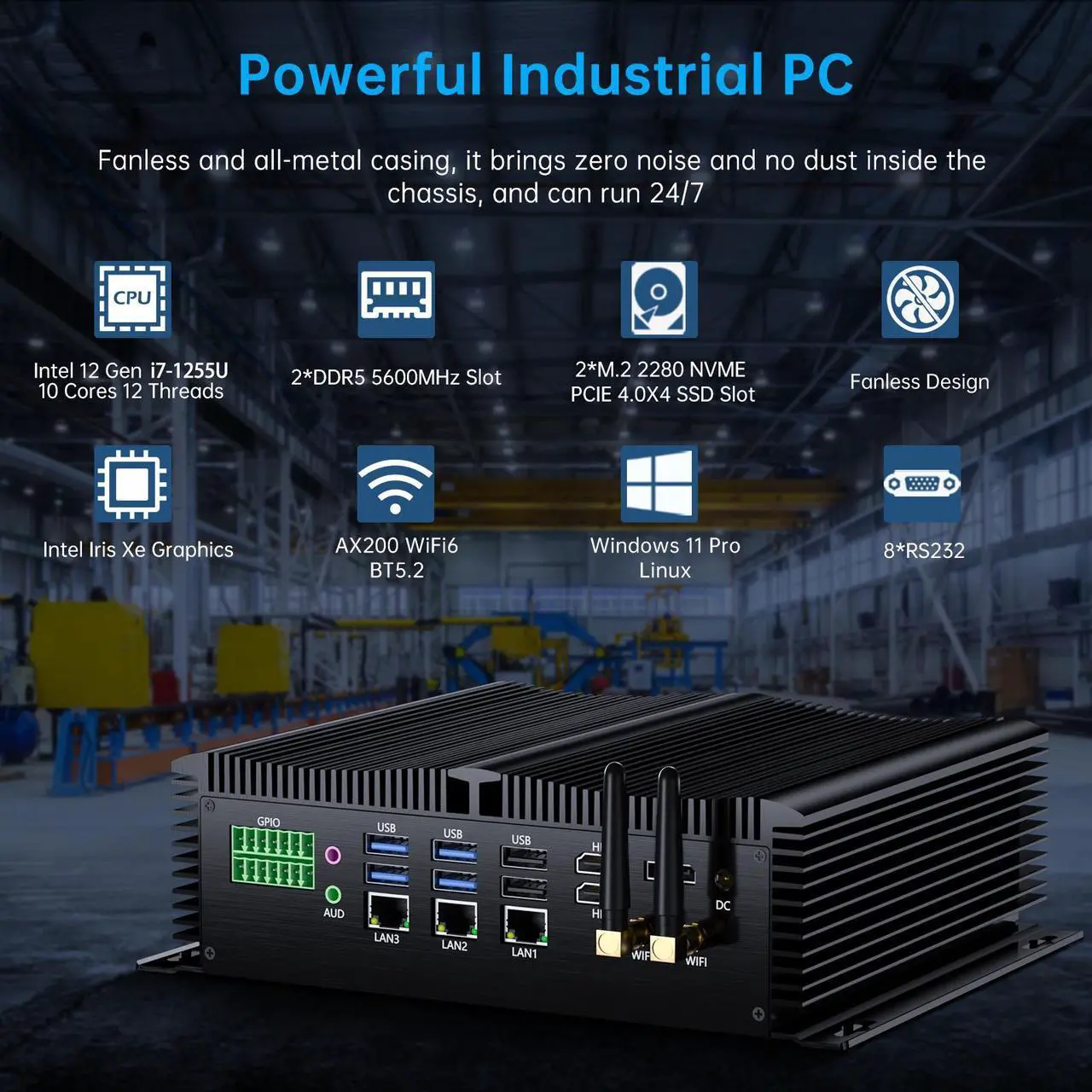 Alt view image 2 of 7 - BOESIIPC Industrial Mini Pc with 12th Gen Core i7-1255U(10C/12T), 16G DDR5 RAM 512G Pcie 4.0 SSD, WIFI6, BT5.2, 4xUSB3.0, 3x2.5G LAN, 8xCOM, SIM, GPIO, P/S2 Ports, Win 11 Pro Fanless Computer