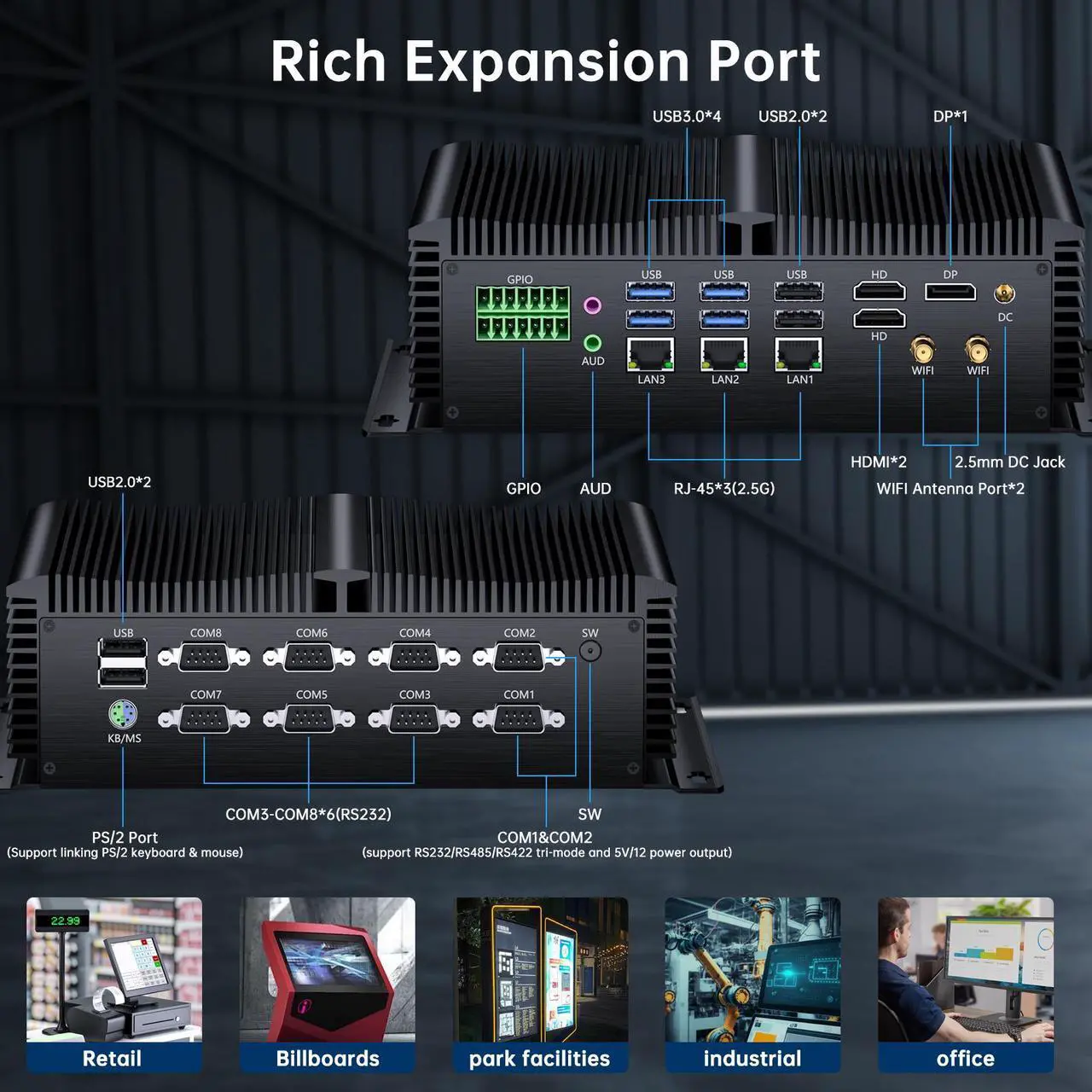 Alt view image 7 of 7 - BOESIIPC Industrial Mini Pc with 12th Gen Core i7-1255U(10C/12T), 16G DDR5 RAM 512G Pcie 4.0 SSD, WIFI6, BT5.2, 4xUSB3.0, 3x2.5G LAN, 8xCOM, SIM, GPIO, P/S2 Ports, Win 11 Pro Fanless Computer