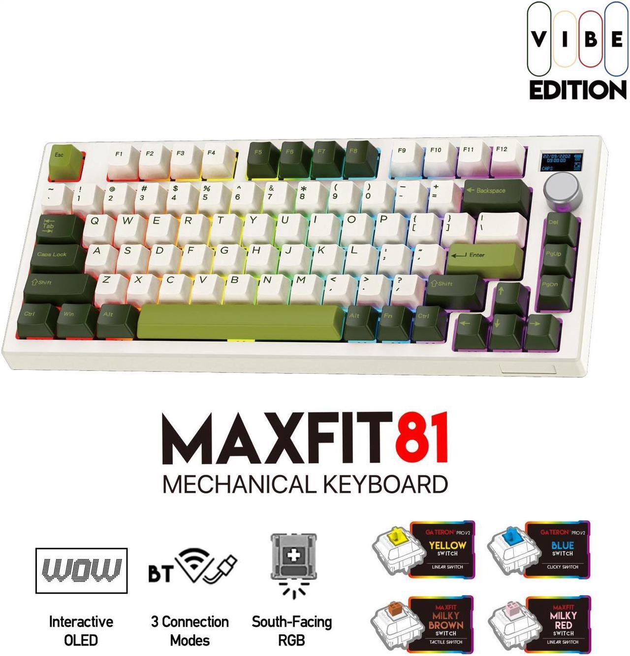 FANTECH MK910 2.4G/Bluetooth/USB Tri-Mode Connectivity Gaming Mechanical Keyboard, Hot-swappable, Multi-Platform Compatible, 81 Keys with OLED Screen, RBG Control,Milky Matcha,yellow switch