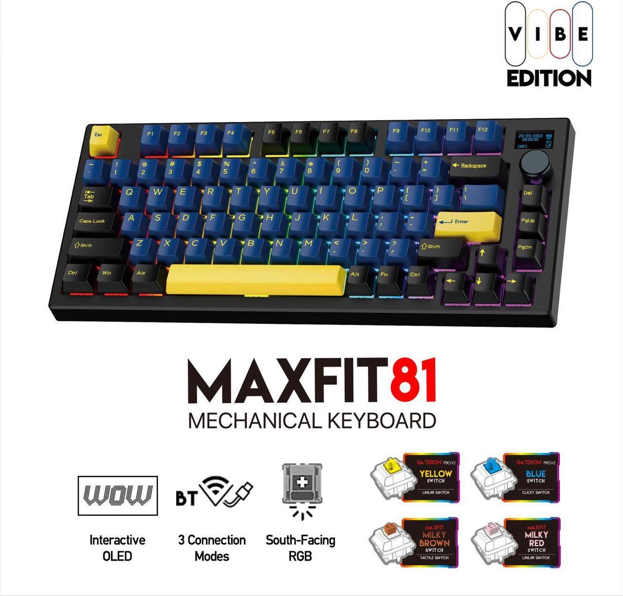 FANTECH MK910 2.4G/Bluetooth/USB Tri-Mode Connectivity Gaming Mechanical Keyboard, Hot-swappable, Multi-Platform Compatible, 81 Keys with OLED Screen, RBG Control,Grand Cobalt,brown switch