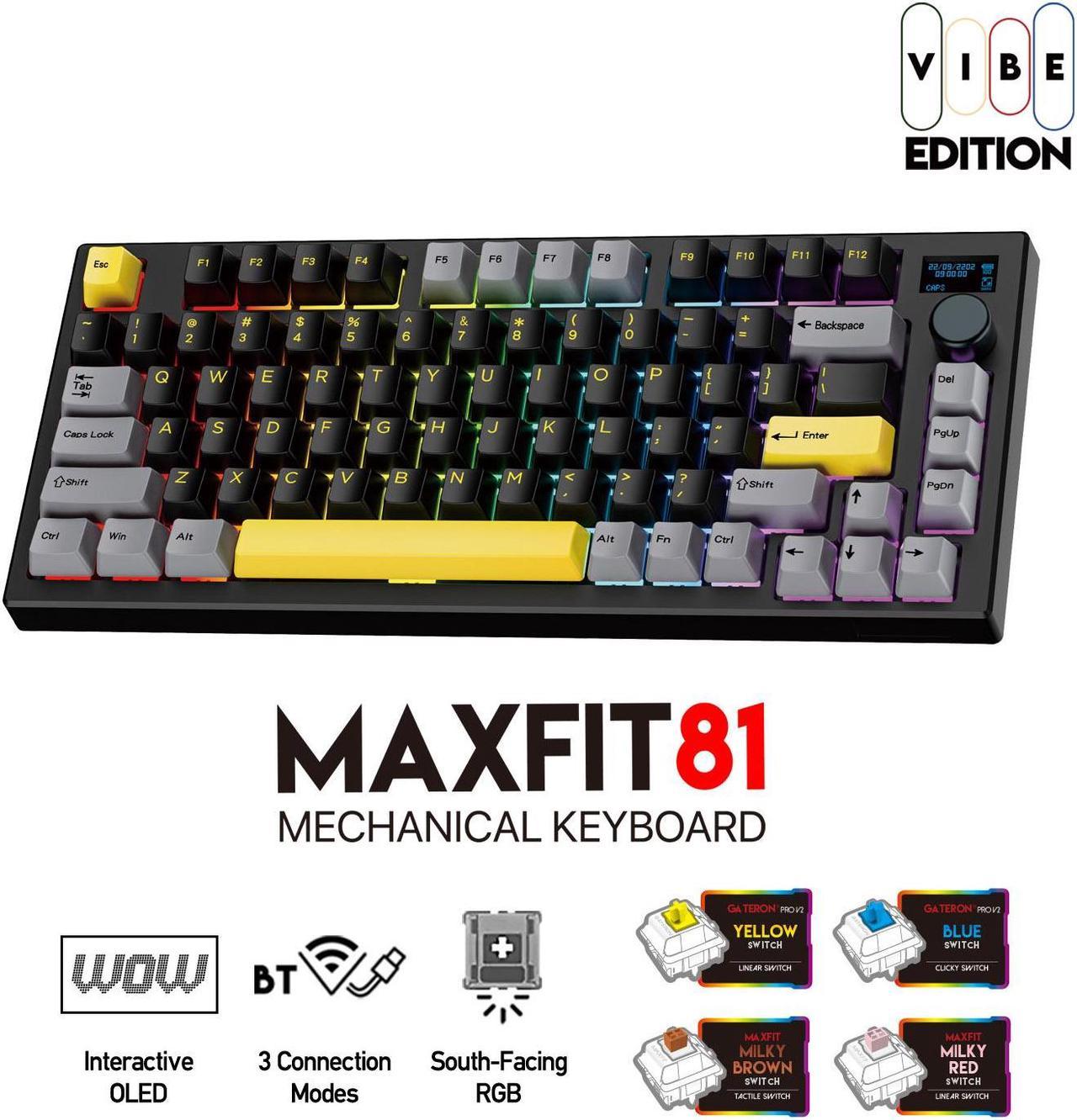 FANTECH MK910 2.4G/Bluetooth/USB Tri-Mode Connectivity Gaming Mechanical Keyboard, Hot-swappable, Multi-Platform Compatible, 81 Keys with OLED Screen, RBG Control,Vibrant Utility, yellow switch