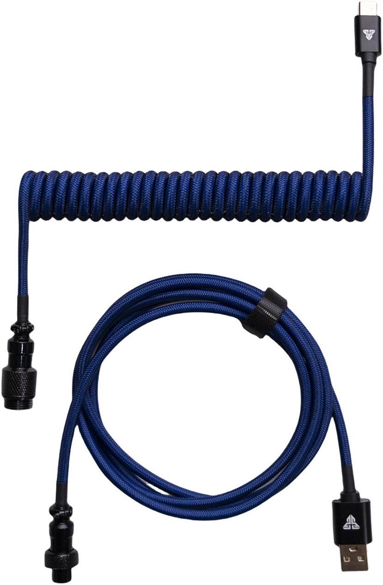 FANTECH AC701 Coiled Cable,USB-C and USB-A 2.0 Plug Type, 4-Pin GX12 Aviator Detachable Connector Type, Double-sleeved braided Cable,Blue