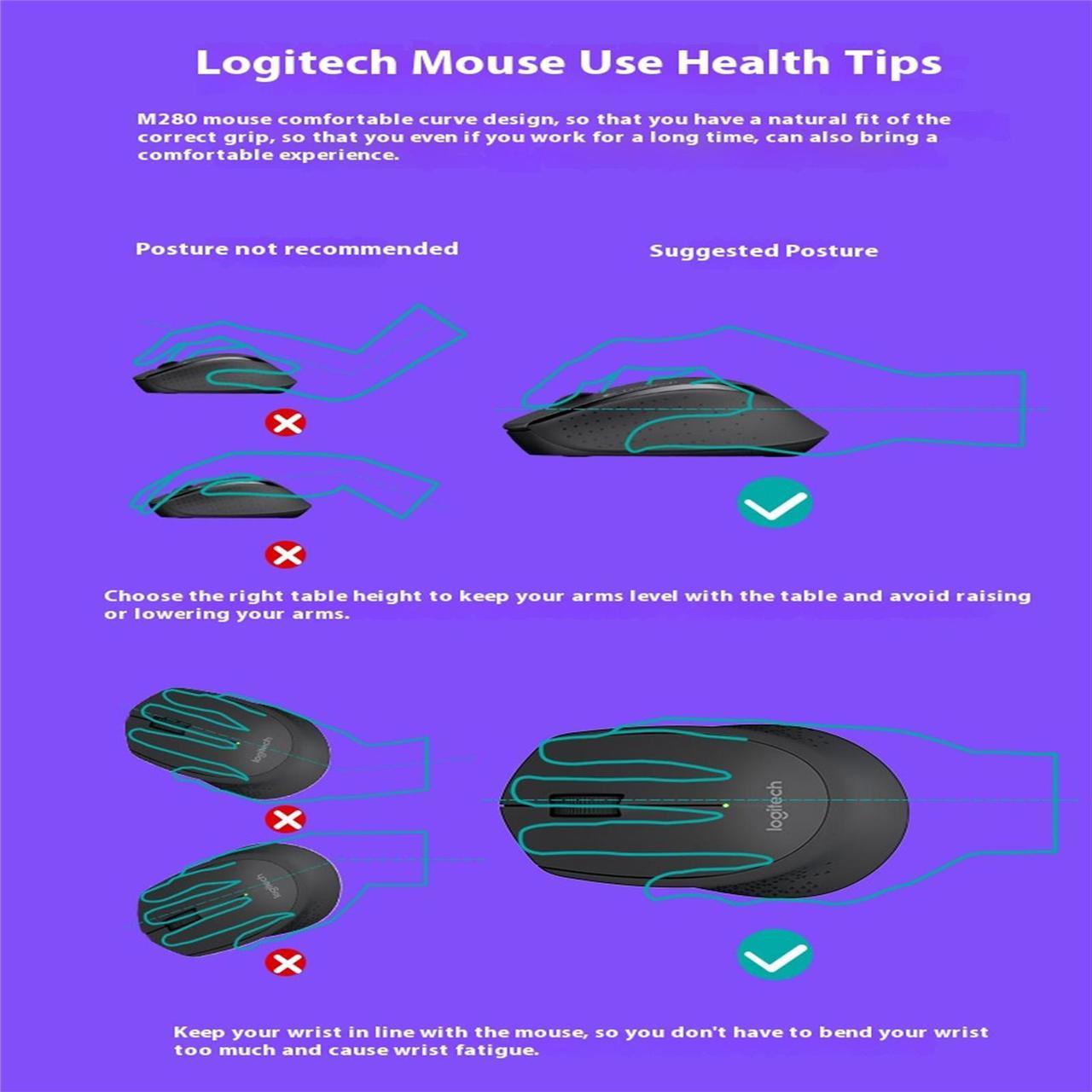 Alt view image 6 of 7 - Logitech M280  Wireless Mouse,  Office home Mouse Symmetric Mouse with Wireless Micro Receiver, 1000dpi,3buttons for Windows® 7 or later/macOS 10.11 or later/ChromeOS, Right Handed, black